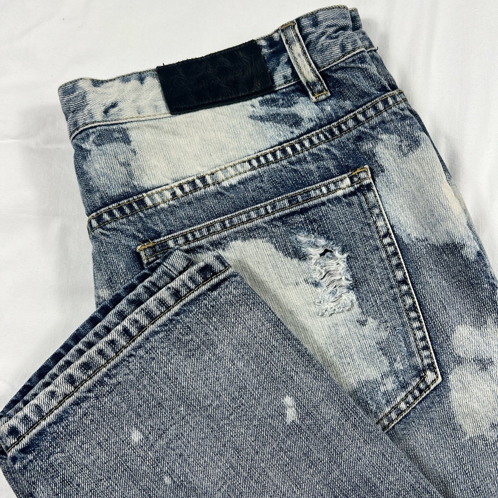 EMBELLISH Jeans Mens Slim? 36x33 Light Wash Blue Torn Distressed With Many Holes
